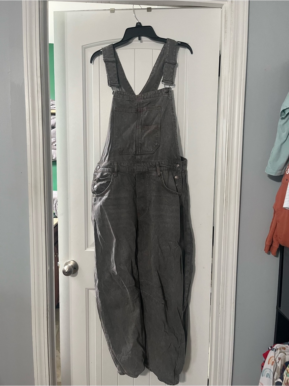 Free People Gray Denim Overalls with Contrast Stitching
